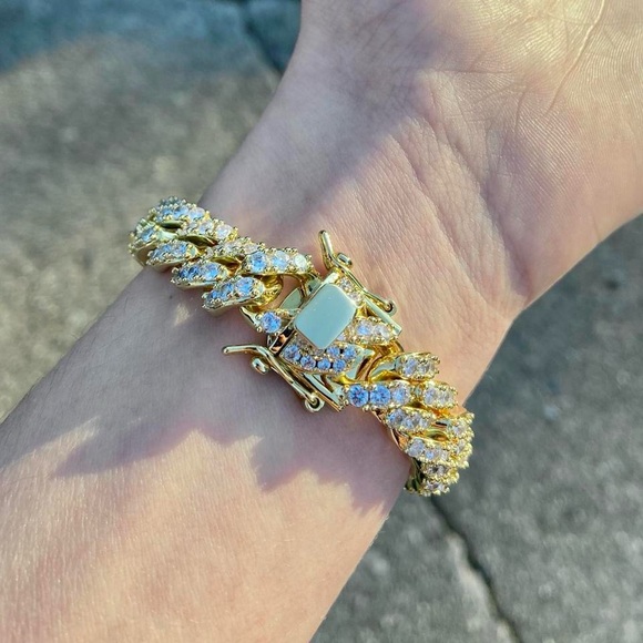 Gold Bracelet 14k Gold Icy Cuban Link 12mm 9in - Picture 2 of 2